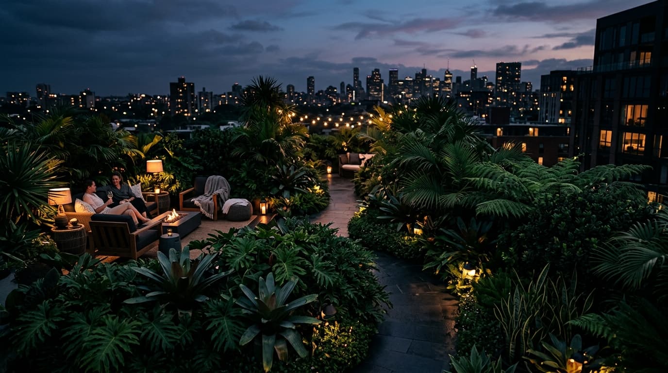 Planted residential outdoor space at night