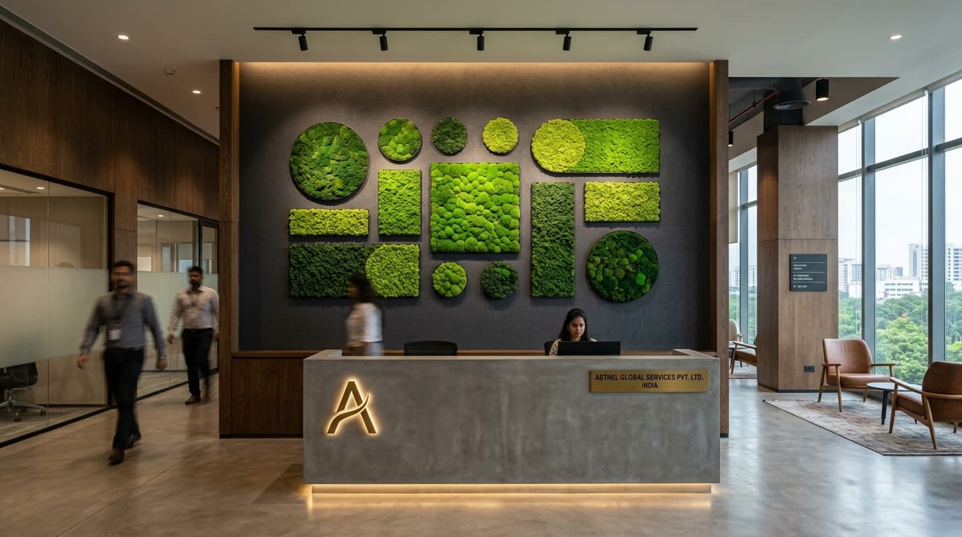 Preserved moss wall behind a reception desk