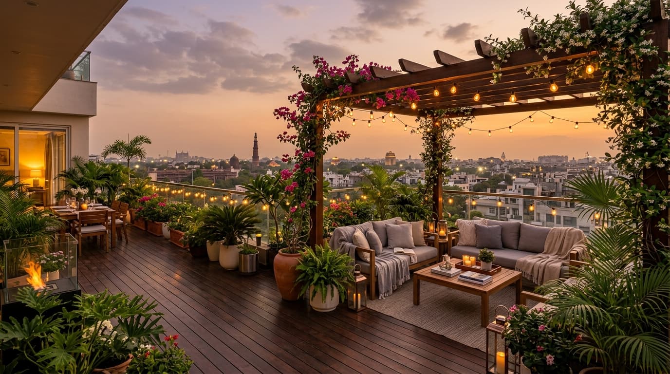 Rooftop terrace garden at dusk